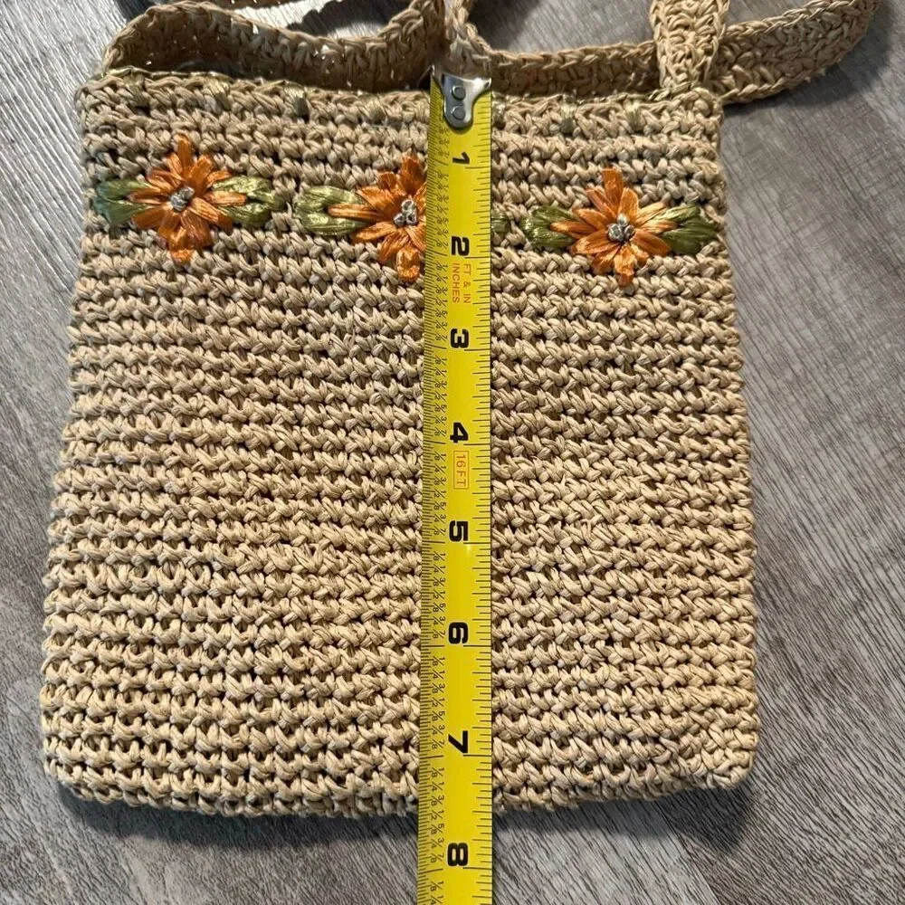 Vintage Tan Straw Floral Embroidery Purse Crossbody Woven Bag Flower